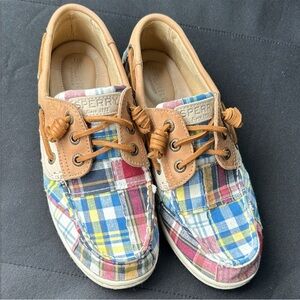 Sperry Multicolor Plaid Canvas Boat Shoes with Tan Leather Accents Women Size 7